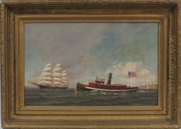 Tug Boat Flying American Flag, Schooner In Background - view 1