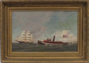 Tug Boat Flying American Flag, Schooner In Background by Warren W. Sheppard