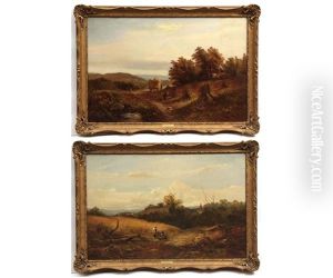 Landscape With Harvest Workers; Landscape With Children (pair) by Charles William Sherborn