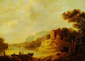 Riverscape With Cliffside Town And Fishermen by William P. Sherlock