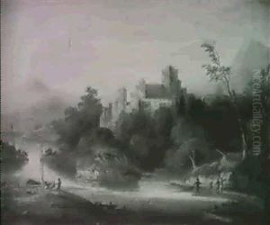 View In The Highlands With Fishermen Pulling In Their Nets, A Castle Beyond View In The Highlands With Fishermen Pulling In Their Nets, A Castle Beyond