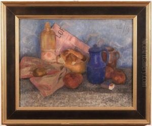 Still Life With Bread, Fruit, Bottle, And Newspaper by Aleksandr Vasilievich Shevchenko