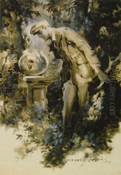 Man Peering Into Outdoor Goldfish Bowl - view 1