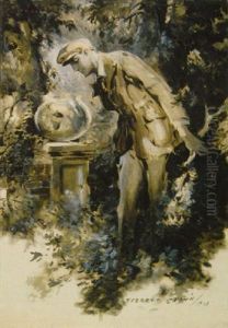 Man Peering Into Outdoor Goldfish Bowl Man Peering Into Outdoor Goldfish Bowl