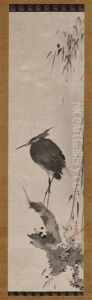 Heron Perched On A Tree Branch With Bamboo by Shinso