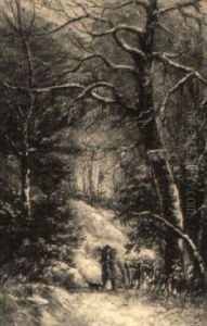 A Figure Gathering Wood In A Wintery Forest by Benjamin Shipham