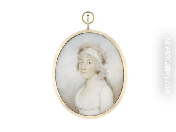 A Portrait Miniature Of A Lady, Wearing White Dress And Matching Bandeau Finished With Pearls In Her Curled And Powdered Hair - view 1
