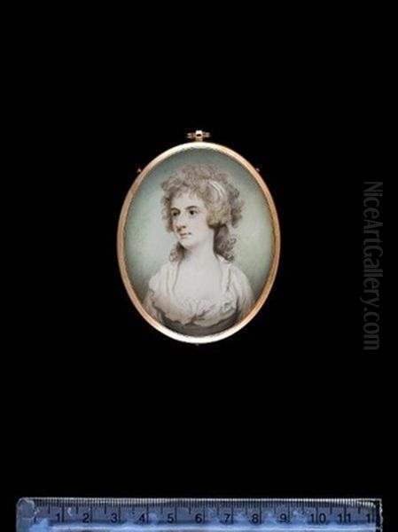 Mrs Trevelyan, Later Lady Trevelyan, Wearing White And Grey Dress With Blue Sash, Her Powdered Hair Worn Long And Dressed With Bandeau - view 1