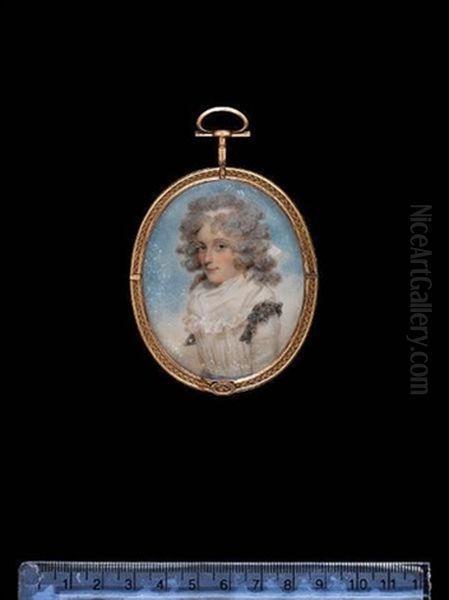 A Lady, Wearing White Dress With Fichu, The Shoulders Capped With Black Lace, Gold Pendent Earrings, Her Curled And Powdered Hair Worn Long And Dressed With A White Bandeau - view 1