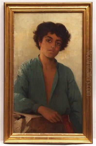 Head And Shoulders Portrait Of An Adolescent In Open Necked Striped Blue Shirt With Red Sash - view 1