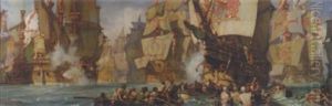 The Fight Off Portland Hill, Lord Howard On The 'ark Royal', Hard Beset By The Spanish Galleons, Is Towed Into The Breeze by Kenneth Shoesmith