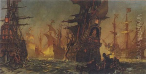 The Armada Anchored In Calais Roads Panic Stricken At The Approach Of The Eight English Fire Ships At Midnight - view 1
