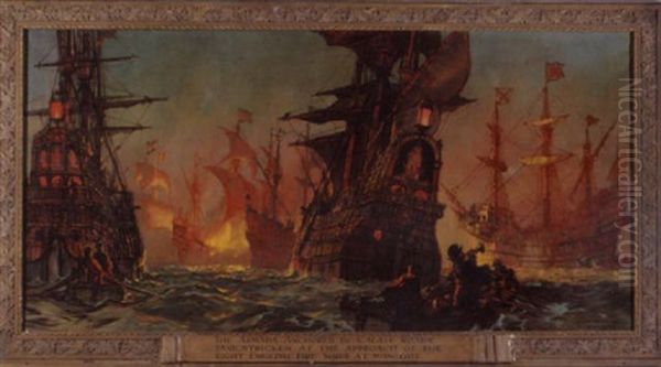The Armada Anchored In Calais Roads, Panic Stricken At The Approach Of The Eight English Fire Ships At Midnight - view 1