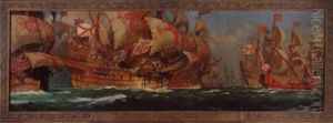 The Armada Coming Up The Channel Sighting The "lizard", The Spanish Admiral "medina Sidonia" Hoists The Specially Embroidered And Consecrated Banner by Kenneth Shoesmith