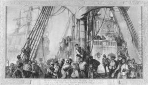 Medina Sidonia On The San Martin, Fires A Gun As A Signal For His Ships To Make For The Open Sea Medina Sidonia On The San Martin, Fires A Gun As A Signal For His Ships To Make For The Open Sea
