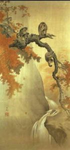 Bildnis Einer Gruppe Rastender Afen Unter Einem Ahorn An Der Seite Eines Flusschens Mit Einem Wasserfall by Ohara Shoson