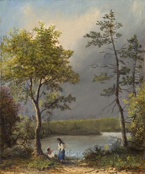 An Indian Woman And Child By A River - view 1