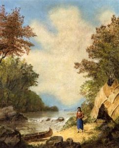 Indian Paddling A Canoe (+ Indian Woman Leaving Her Wigwam; 2 Works) by Edward Scope Shrapnel