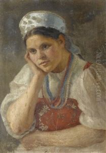 Portrait Of A Young Woman In Kokoshnik And Traditional Costume by Maria Viktorovna Shreter