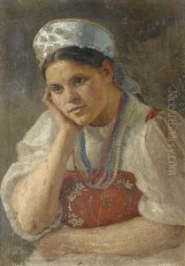 Portrait Of A Young Girl In Kokoshnik And Traditional Costume by Maria Viktorovna Shreter