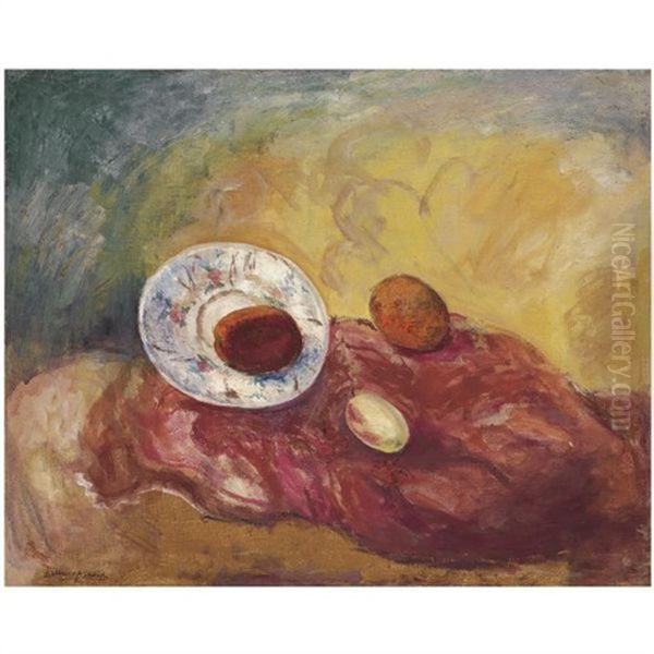Fruit And Plate On A Red Background - view 1