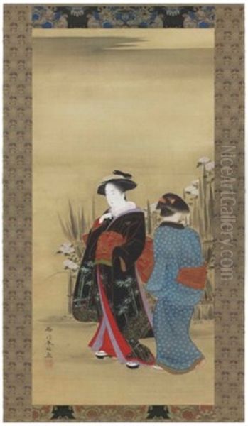 Beauty And Attendant Admiring Chrysanthemums - view 1