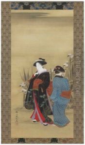 Beauty And Attendant Admiring Chrysanthemums