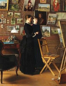 In The Studio. Two Russian Women Admiring The Artist's Work On The Easel by Alexander Alexeevich Shurigin