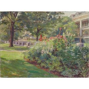 Summer Garden With Hollyhocks In Bloom by Claire Shuttleworth