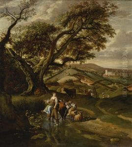 Pastoral Landscape With A Shepherdess On A Donkey Carrying A Basket Of Flowers, And Fording A Stream With A Village In The Distance And With A Church, Almost Certainly Edensor, Near Chatsworth, Derbyshire