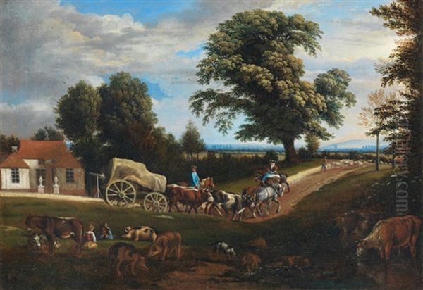 Drovers With Their Flock And Wagon On A Country Path - view 1