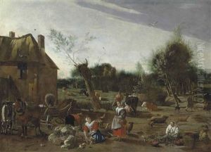 Peasant Women Sorting Vegetables And Milking Cattle By A Horse And Cart, A Thatched House Beyond