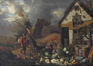 A Barn Exterior With A Man And His Dog Arriving, A Still Life Of Leeks, Cabbages, Turnips And Other Vegetables By A Well In The Foreground by Jan Siberechts