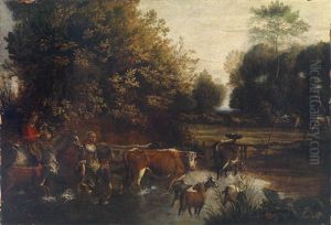 Eine Bewaldete Flusslandschaft Mit Bauern Und Ihrer Viehherde by Jan Siberechts