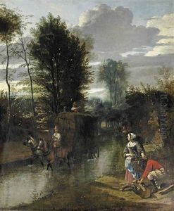 A Wooded River Landscape With A Hay Cart Crossing A Stream And Figures Gathering Wood On The Bank by Jan Siberechts
