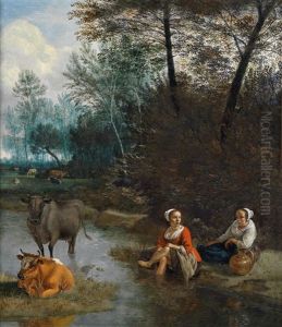 Eine Rast Zweier Hirtinnen Und Ihrer Herde An Einem Gewasser