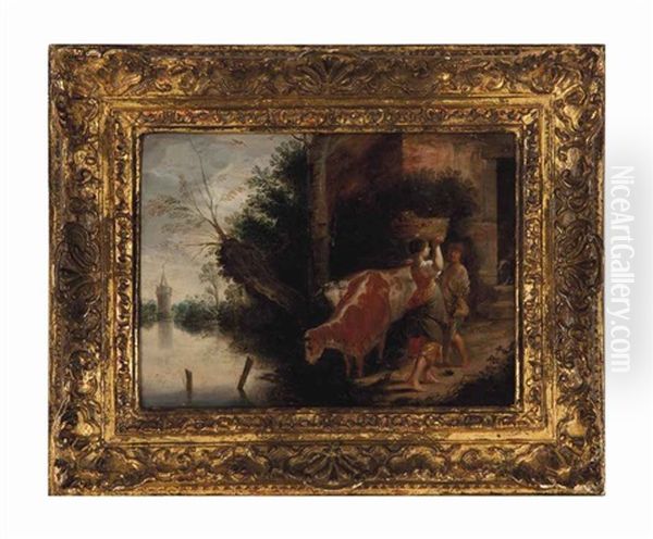 A Cowherd Conversing With A Peasant Girl On A Path Beside A River, A Tower Beyond - view 1