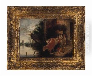 A Cowherd Conversing With A Peasant Girl On A Path Beside A River, A Tower Beyond
