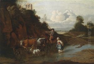 Landschaft Mit Einem Bauernmadchen, Einem Reiter Und Vieh In Einer Furt by Jan Siberechts
