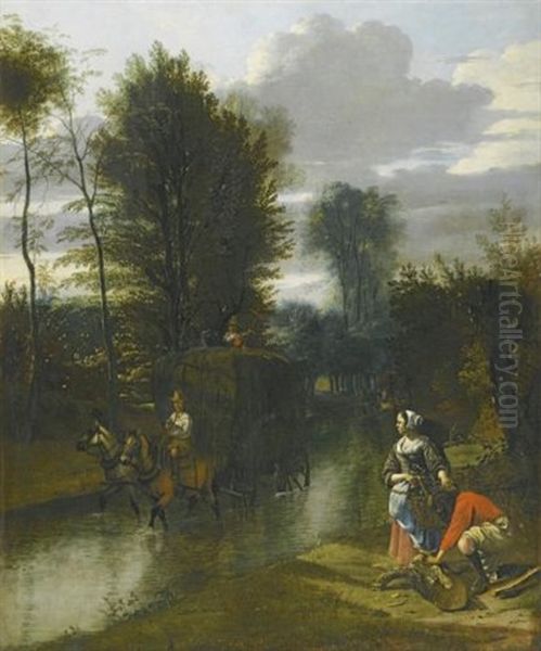A Landscape With A Haycart Crossing A Stream, Two Figures On The Banks To The Right - view 1