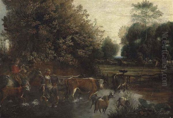 A Wooded Landscape With A Family Driving Cattle And Goats Through A Stream, Horses Grazing Beyond - view 1