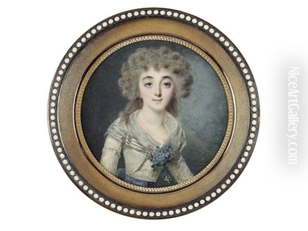 A Lady, Wearing White Dress And Fichu Tied At Her Corsage With A Spray Of Blue Lilac, Violet Sash To Her Waist, Gold Necklace And Hoop Earrings, Her Powdered Wig Worn A La Conseilleur - view 1