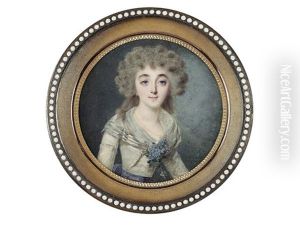 A Lady, Wearing White Dress And Fichu Tied At Her Corsage With A Spray Of Blue Lilac, Violet Sash To Her Waist, Gold Necklace And Hoop Earrings, Her Powdered Wig Worn A La Conseilleur by Louis Marie Sicard