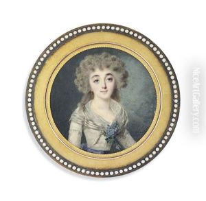 A Young Lady, In Pale Grey Dress And Shawl, Blue Sash At Her Waist And A Sprig Of Blue Flowers At Her Corsage, Wearing A Gold Hoop Earring, Powdered Hair by Louis Marie Sicard