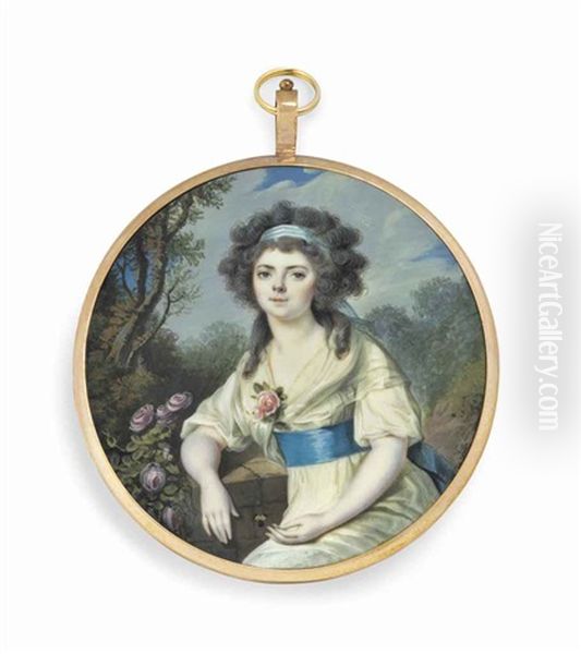 Marie-jacobee Prunet, Nee Balguerie (d. September 1829), In White Muslin Dress With Knotted Fichu And Blue Sash, Pink Rose At Corsage, Light Blue Striped Bandeau In Her Curling Upswept Hair - view 1
