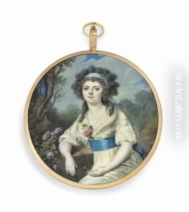 Marie-jacobee Prunet, Nee Balguerie (d. September 1829), In White Muslin Dress With Knotted Fichu And Blue Sash, Pink Rose At Corsage, Light Blue Striped Bandeau In Her Curling Upswept Hair by Louis Marie Sicard