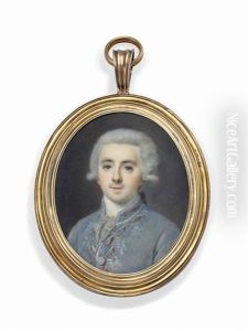 A Young Gentleman, In Silver Embroidered Dove Blue-grey Coat And White Stock With Frilled Cravat, Powdered Hair Worn En Queue With Black Wig-bag by Louis Marie Sicard