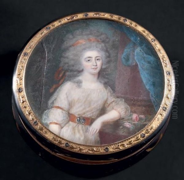 Portrait De Jeune Femme Accoudee Pres D'une Colonne, En Robe De Voile Blanc Ceinturee D'un Ruban Corail, Comme Sa Coiffure Dite A La Conseilleur - view 1