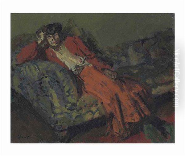 Woman In Red Against Green - view 1