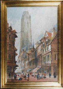A Tudor Street With A Cathedral In The Background by Paul Braddon